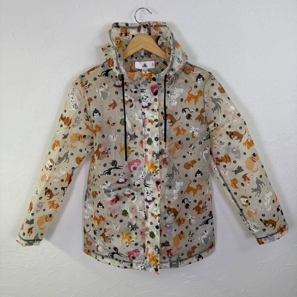 Rare Disney Parks Reigning Cats and Dog Raincoat Jacket Small AOP Kawaii FLAWED